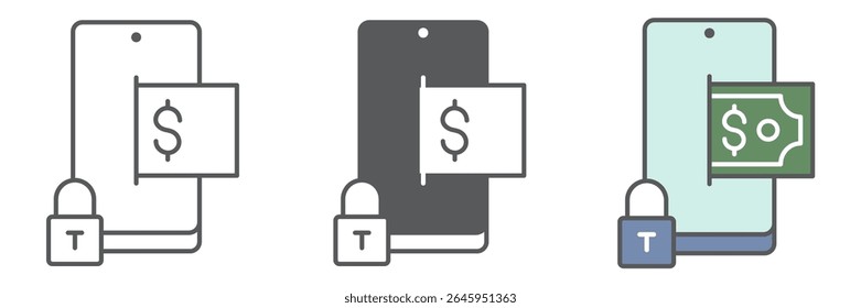 Colección segura del icono del pago móvil, seguridad y smartphone, Vector seguro del sistema de la muestra de la transacción, icono lineal editable del movimiento, eps 10