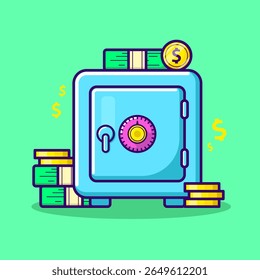 Safe money box concept, cartoon security deposit locker, closed bank iron door. White protected storage, save financial box concept. Password-locked secure front display button. vector illustration.