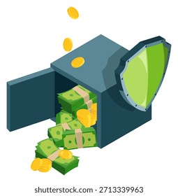 A safe with a lot of money and coins inside