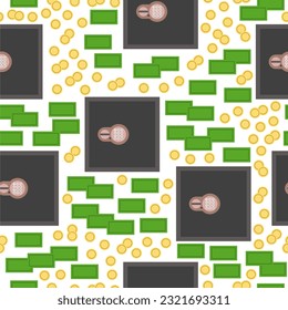 Safe and money, coins seamless pattern on white background.