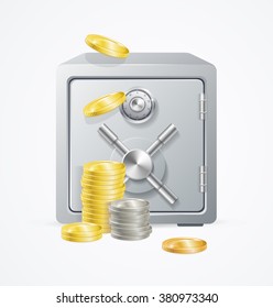 Safe and Money. Different Coins. Vector illustration