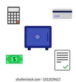 Safe, money, documents, calculator, credit card