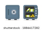 Safe with money and gold. Open and close metal vault. Icons of safe for bank. Box with door for safety of deposit. Container of financial storage. Vault with lock. Protection, security concept. Vector