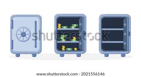 Safe with money and gold. Open and close metal vault. Icons of safe for bank. Box with door for safety of deposit. Container of financial storage. Vault with lock. Protection, security concept.