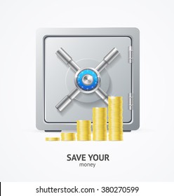 Safe and Money. Golden Coins. Vector illustration