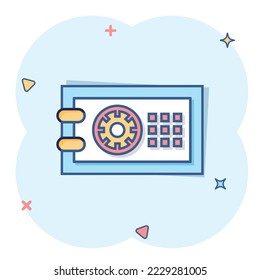 Safe money icon in comic style. Strongbox cartoon vector illustration on white isolated background. Finance security splash effect business concept.