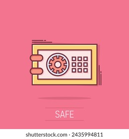 Safe money icon in comic style. Strongbox cartoon vector illustration on isolated background. Finance security splash effect business concept.