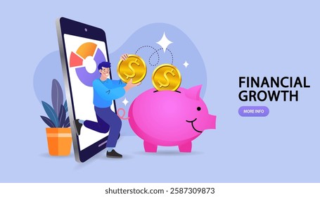 Safe Money On Piggy. Internet banking and earning concept. Successful investor or entrepreneur. Financial consulting, investment and savings. Money management business. Modern vector illustration.