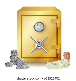 Safe And Money Stacks Vector. Safe, Coins And Dollar Banknotes Stacks Isolated Illustration. Finance Banking Concept