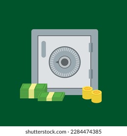 Safe with money. Vector illustration in flat style on a green background.