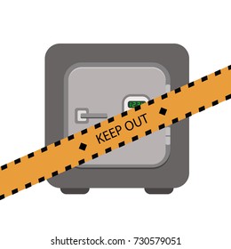Safe with money. Yellow striped warning tape. Stock vector illustration