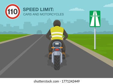 Safe moto riding tips and rules. Cars and motorcycles on a motorway, highway speed limit. Back view of a motorcycle rider. Flat vector illustration template.