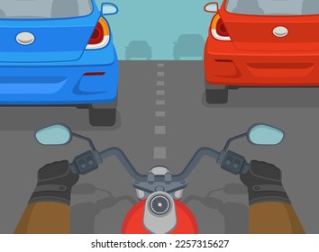 Safe motorcycle riding. Close-up of a moto rider trying to ride between cars on two lane road. Hands holding a handlebar. Traffic flow on city road. Flat vector illustration template.