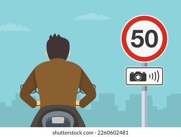 Safe motorcycle riding. "Maximum speed limit" warning traffic sign. Road cameras operate in this area. Close-up back view of moto rider. Flat vector illustration template.