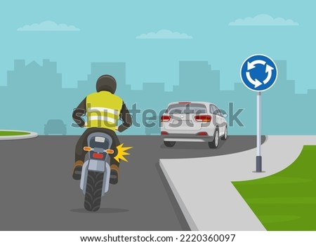 Safe motorcycle riding on the city road. Priority inside the roundabout. Biker turned on blinker while approaching roundabout. Flat vector illustration template.