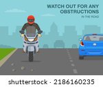 Safe motorcycle riding rules and tips. Watch out for any obstructions in the road. Close-up front view of a biker on city road with gravel. Flat vector illustration template.