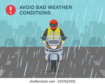 Safe motorcycle riding rules and tips. Avoid bad weather conditions. Motorcycle riding on a rainy and slippery road. Flat vector illustration template.