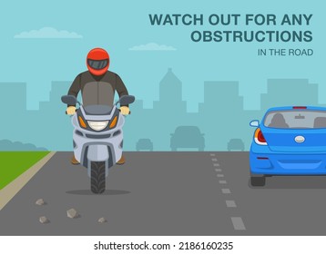 Normas y consejos seguros para la conducción en motocicleta. Cuidado con cualquier obstrucción en la carretera. Vista frontal de cerca de un motociclista en la carretera de la ciudad con grava. Plantilla de ilustración vectorial plana.