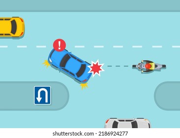 Safe motorcycle riding rules and tips. Left turn accident when there is a median. Car u-turn collision with motorcycle. Top view. Flat vector illustration template.