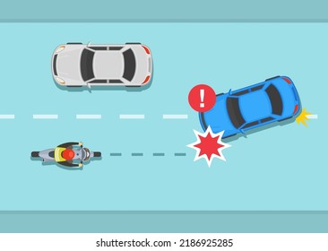 Safe motorcycle riding rules and tips. Front end crash on the road. Overtaking car collision with oncoming motorcycle. Top view. Flat vector illustration template. - Shutterstock ID 2186925285