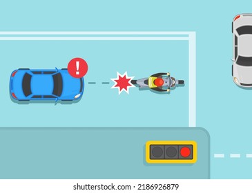 Safe Motorcycle Riding Rules And Tips. Rear End Crash At Traffic Signal. Car Collision With Stopped Motorcycle On Junction. Top View. Flat Vector Illustration Template.