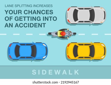 Safe motorcycle riding rules and tips. Lane splitting increases your chances of getting into an accident. Top view of a biker riding on the city road between cars. Flat vector illustration template.