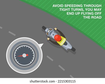 Normas y consejos seguros para la conducción en motocicleta. Evite acelerar por turnos apretados, puede que termines volando fuera de la carretera. Vista superior de un motociclista a turnos. Plantilla de ilustración vectorial plana.