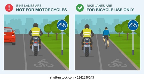 Normas y consejos seguros para la conducción en motocicleta. Las ciclovías no son para montar en motocicleta. Vista posterior de un ciclista en un carril bici. No lo hagas y no lo hagas. Plantilla de ilustración vectorial plana.