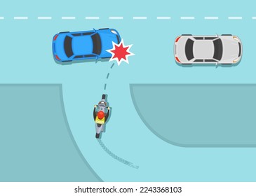 Safe motorcycle riding rules and tips. Front end crash on the road. Turning motorcycle collision with moving car. Top view. Flat vector illustration template.