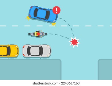 Safe motorcycle riding rules and tips. Right turn accident with moving car. Same direction moving crash. Top view. Flat vector illustration template.