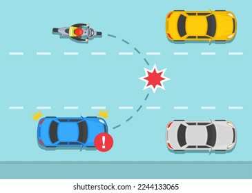 Safe motorcycle riding rules and tips. Changing lane accident. Same direction moving crash. Top view of a biker and car on a city road. Flat vector illustration template.