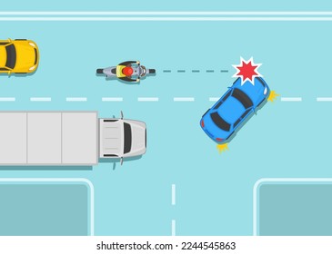 Normas y consejos seguros para la conducción en motocicleta. Peligroso giro a la derecha frente a una motocicleta oculta. Cambio de carril frente al vehículo pesado. Vista superior. Plantilla de ilustración vectorial plana.