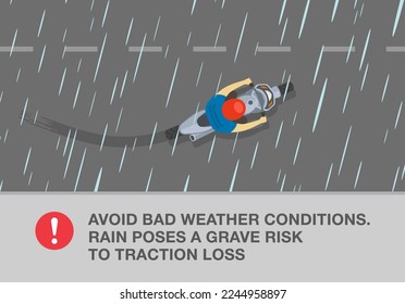 Safe motorcycle riding rules and tips. Driving on a rainy and slippery road. Avoid bad weather conditions. Rain poses a grave risk to traction loss. Top view. Flat vector illustration template.