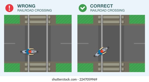 Normas y consejos seguros para la conducción en motocicleta. Cruce correcto e incorrecto del ferrocarril en motocicleta. Vista superior de un paso en bicicleta sobre el nivel. Plantilla de ilustración vectorial plana.