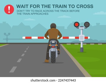 Safe motorcycle riding rules and tips. Wait for the train to cross, don't try to race across the track before the train approaches. Back view of a biker at railroad crossing. Flat vector illustration.