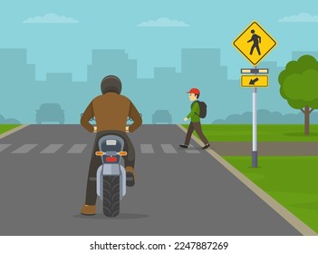 Safe motorcycle riding rules and tips. Back view of a motorcyclist stopped at crosswalk. Male kid on pedestrian crossing. Flat vector illustration template.