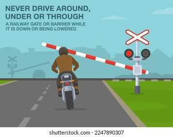 Safe motorcycle riding rules and tips. Never drive around, under or through a railway barrier while it's down or being lowered. Back view of a biker tries to slip through closing gate. Flat vector.