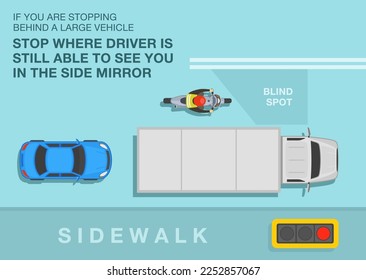 Sicheres Motorradfahren Regeln und Tipps. Halten Sie dort an, wo der Fahrer Sie noch im Seitenspiegel sehen kann. Die Draufsicht auf das Motorrad wurde außerhalb des toten Bereichs angehalten. Flache Vektorgrafik-Vorlage.