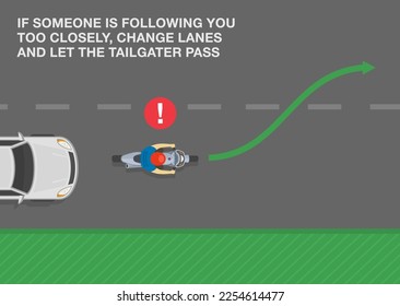 Safe motorcycle riding rules and tips. If someone is following too closely, change lanes and let the tailgater pass. Top view of a motorcycle changing lane. Flat vector illustration template.