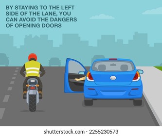 Safe motorcycle riding rules and tips. By staying to the left side of the lane you can avoid the dangers of opening doors. Back view of a street with parked vehicle. Flat vector illustration.