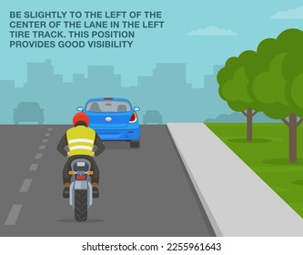 Normas y consejos seguros para la conducción en motocicleta. Estar ligeramente a la izquierda del centro del carril en la pista izquierda del neumático. Vista posterior de un motociclista siguiendo el coche a la izquierda. Plantilla de ilustración vectorial plana.