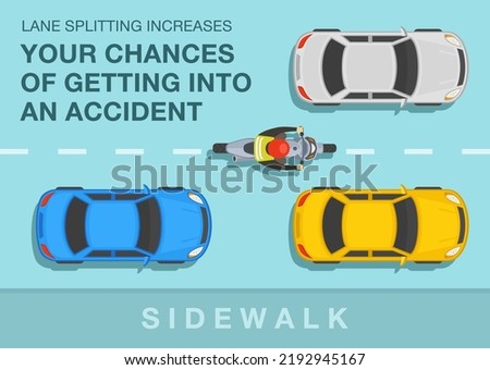 Safe motorcycle riding rules and tips. Lane splitting increases your chances of getting into an accident. Top view of a biker riding on the city road between cars. Flat vector illustration template.