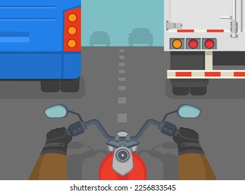 Safe motorcycle riding tips. Close-up of a moto rider trying to ride between bus and truck on two lane road. Hands holding a handlebar. Traffic flow on city road. Flat vector illustration template.