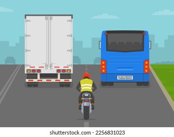 Safe motorcycle riding tips. Moto rider tries to ride between bus and truck on two lane road. Back view. Traffic flow on city road. Flat vector illustration template.