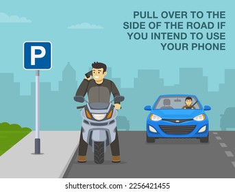 Safe motorcycle riding tips and rules. Pull over to the side of the road if you intend to use mobile phone. Happy moto rider standing and talking on the phone. Front view. Flat vector illustration.