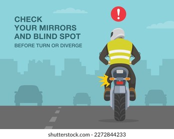 Safe motorcycle riding tips and rules. Check mirrors and blind spot before turn or diverge. Motorbike rider turns his head and looks back. Lane changing. Flat vector illustration template. svg