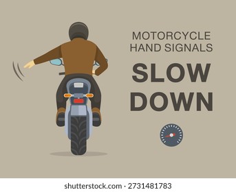 Consejos y reglas de conducción segura de motocicletas. Tipos de señales manuales de motocicleta. El brazo izquierdo inclinado hacia abajo con movimiento hacia arriba y hacia abajo significa "ralentizar". Vista posterior. Plantilla de Ilustración vectorial plana.