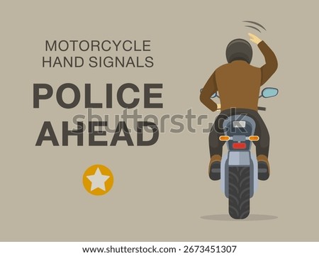 Safe motorcycle riding tips and rules. Types of motorcycle hand signals. Patting top of helmet means "police ahead". Back view. Flat vector illustration template.