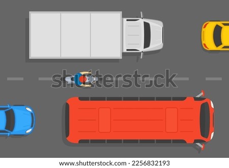 Safe motorcycle riding tips. Top view of a moto rider tries to ride between bus and truck on two lane road. Traffic flow on city road. Flat vector illustration template.