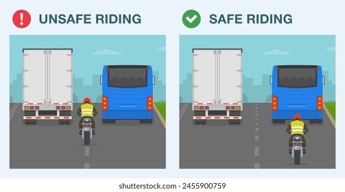 Safe motorcycle riding tips. Safe and unsafe riding. Moto rider tries to ride between bus and truck on two lane road. Back view. Flat vector illustration template.